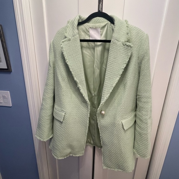 Mango Jackets & Blazers - Pastel Green Mango Tweed Blazer Size 2XL